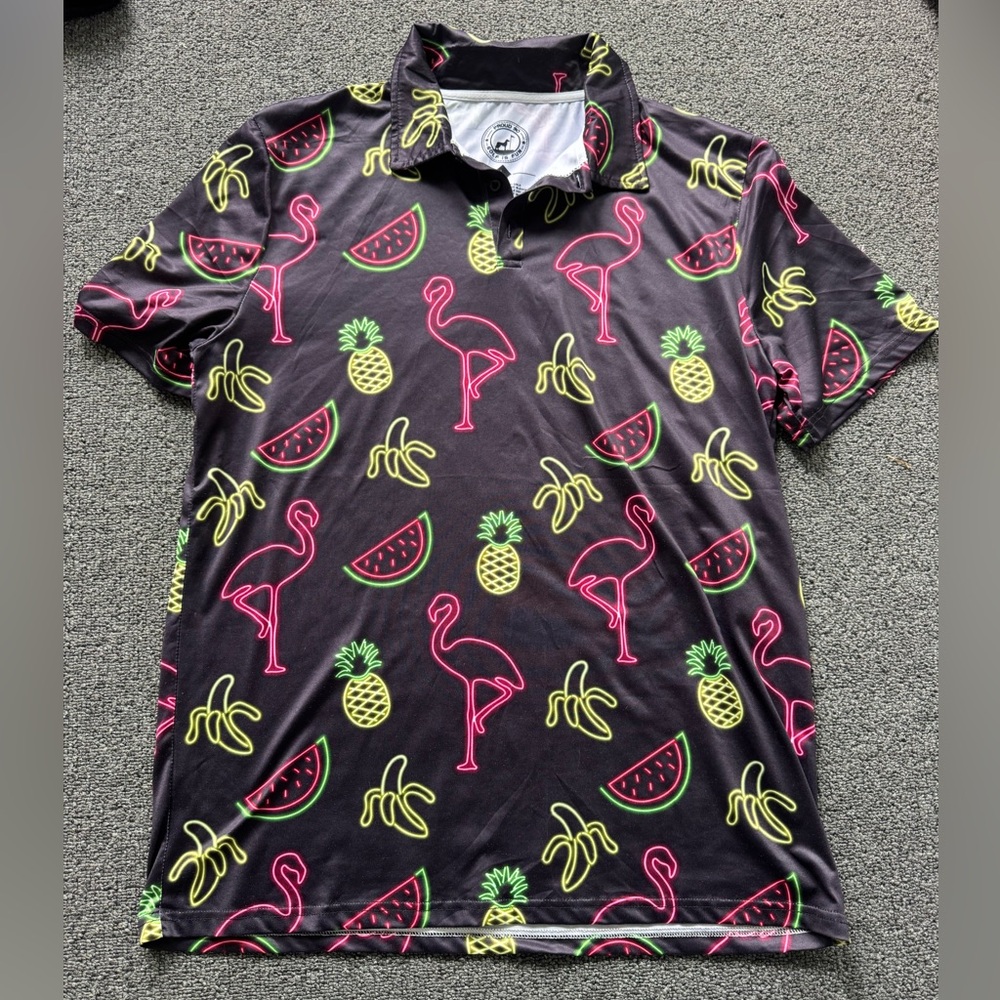 Proud 90 men's black neon flamingo moisture-wicking golf polo shirt size large